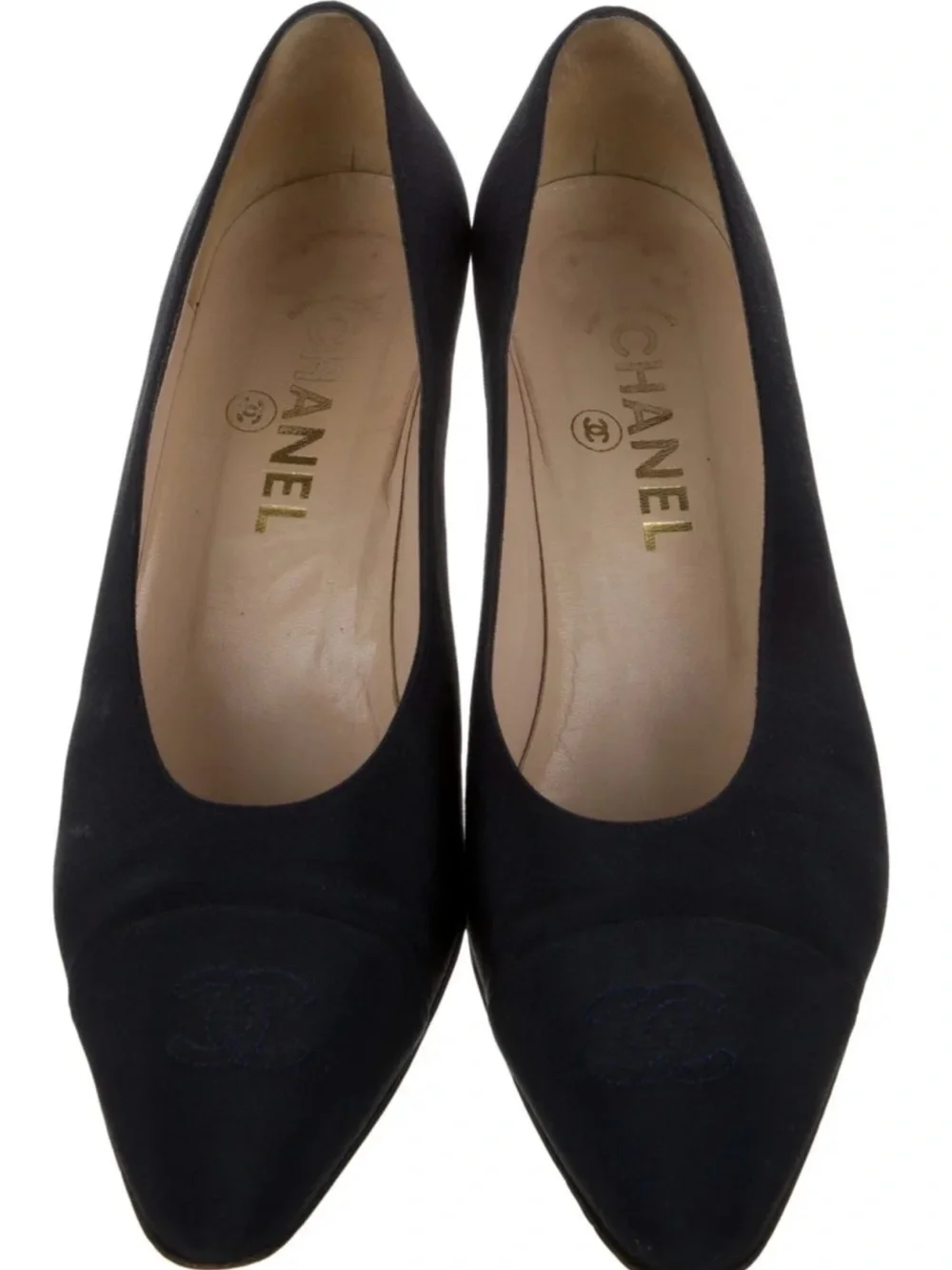 CHANEL Navy Pointed-Toe Fabric Pumps with CC Cap Toe